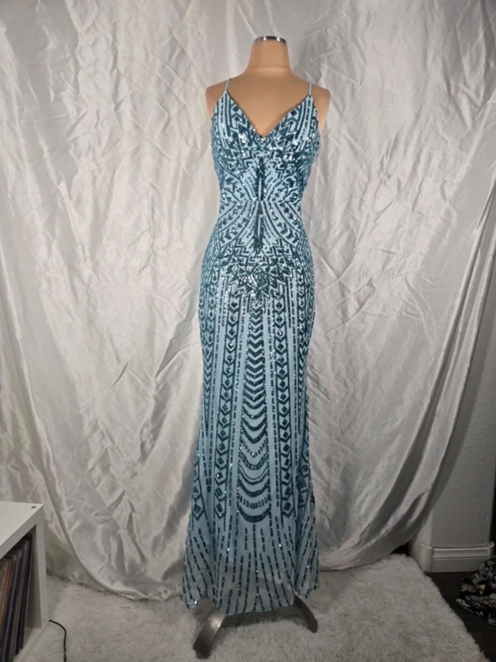 Beaded Teal V-Neck Spaghetti-Strap Maxi Dress